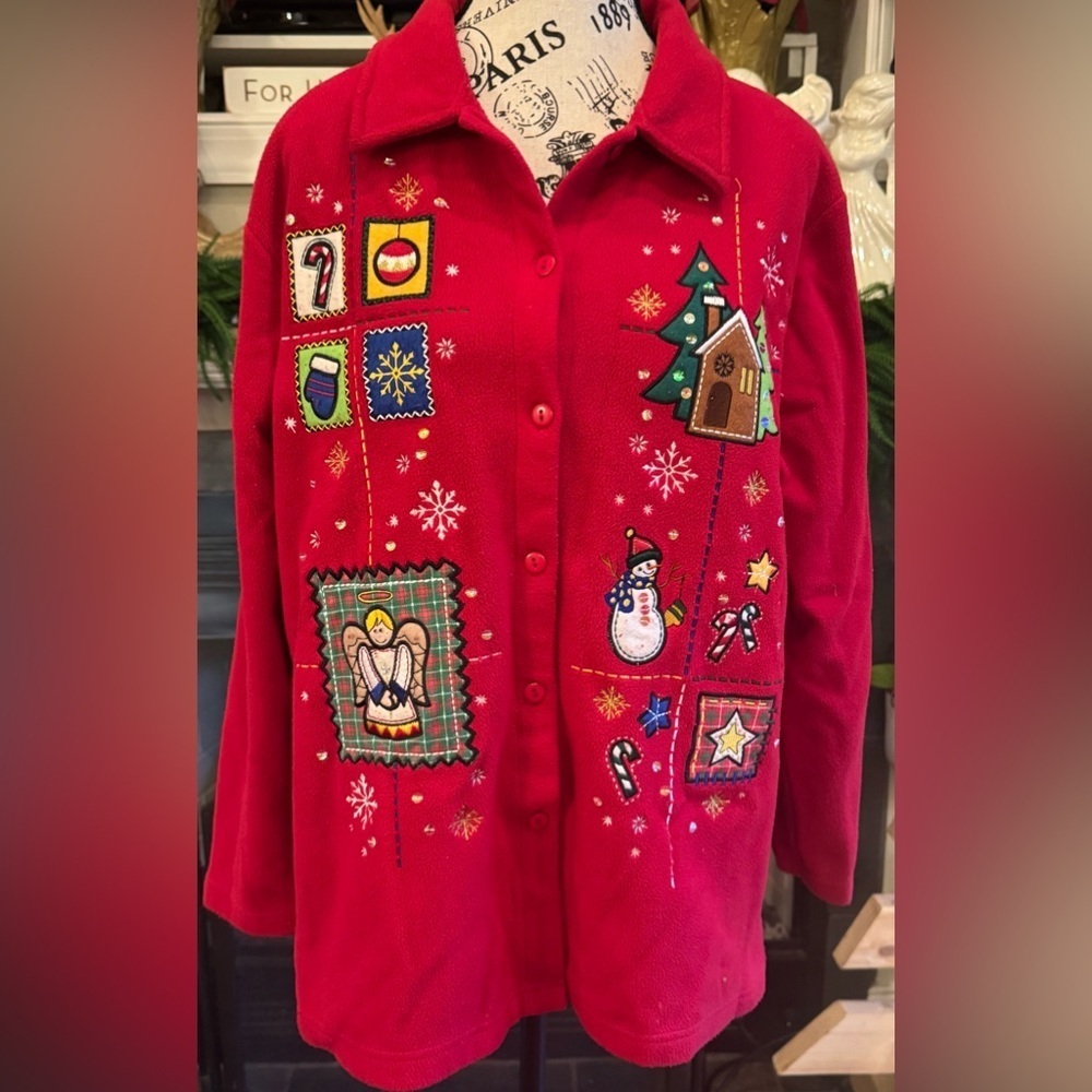 Red Vintage Fleece Button Down Christmas Holiday Shirt Kitsch Teacher Snowman L